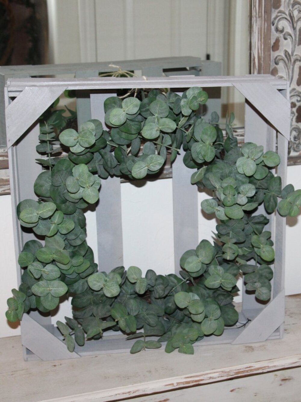 Large Shabby Gray 20" Farmhouse Wood Crate Box Frame w/ Eucalyptus Wreath